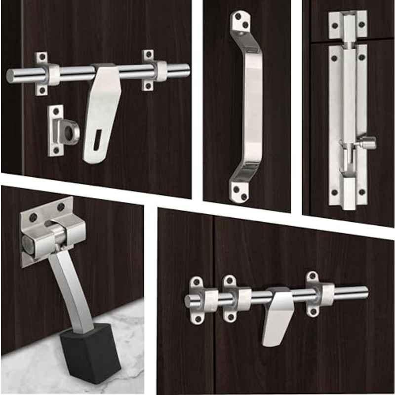 Plantex Stainless Steel Door Kit for Single Door/Door Hardware/Door Accessories 10 inch Al-Drop, 8 inch Latch, 8 inch 2 Handles, 7 inch Tower Bolt and 4 inch Door Stopper DK-07-Combi