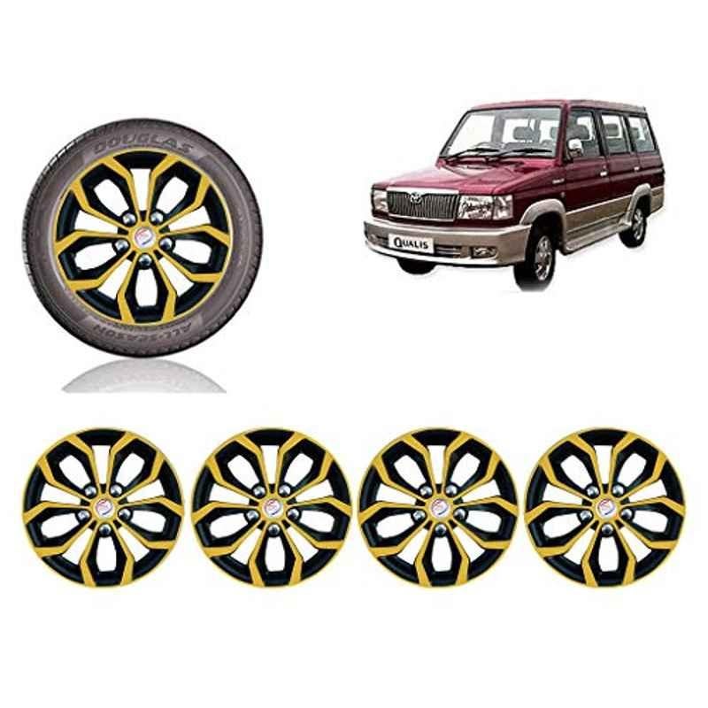 Auto Pearl 4 Pcs 14 inch Black & Golden ABS Press Type Hubcap Wheel Cover Set with Retention Ring for Toyta Qualis