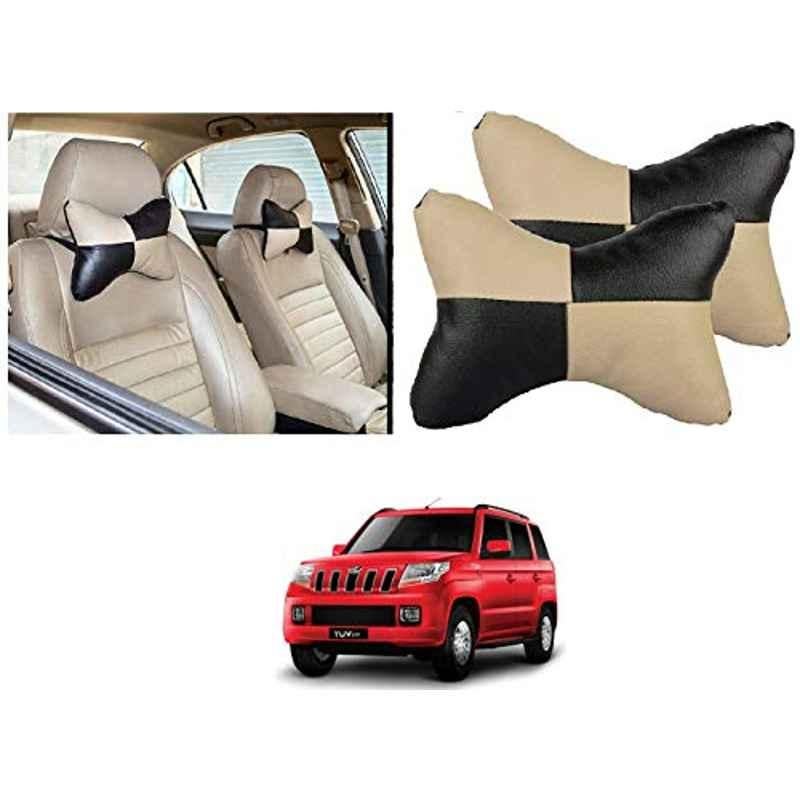 Kozdiko 2 Pcs Black & Beige Car Square Chess Design Neck Rest Seat Pillow Set for Mahindra TUV-300