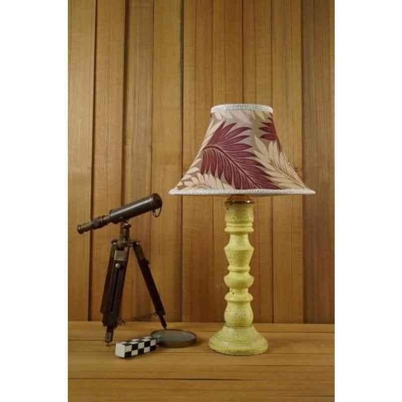 Tucasa Mango Wood Vintage Yellow Table Lamp with 12 inch Polysilk Maroon Off White Shade, WL-277