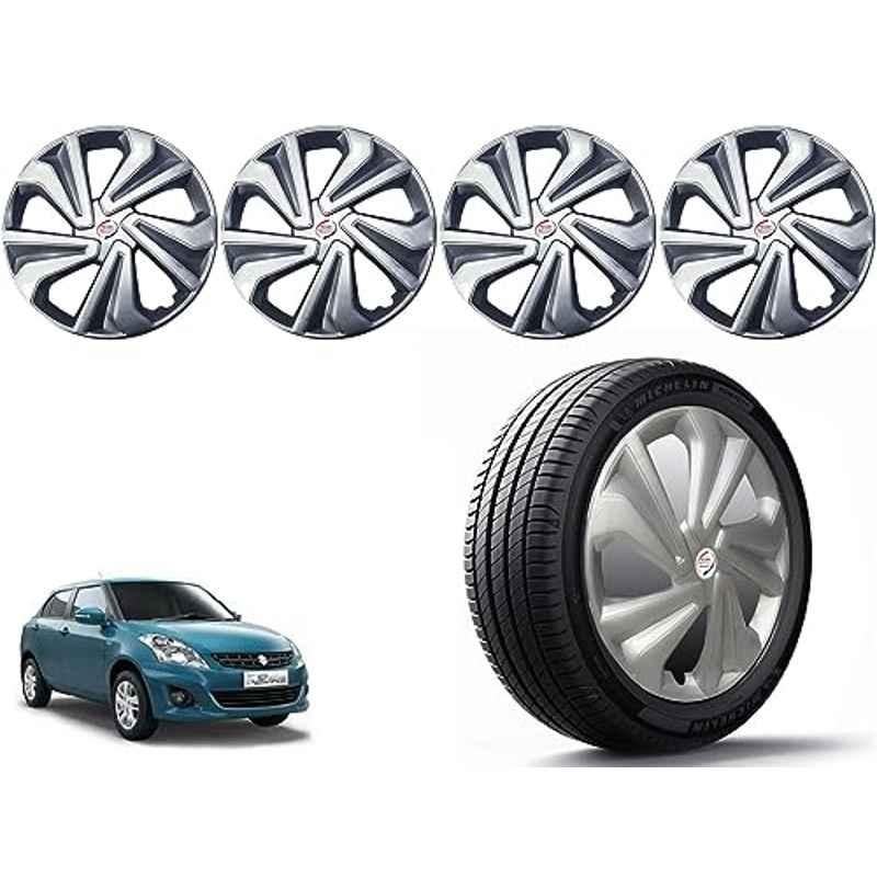 Auto Pearl 4 Pcs 14 inch Polypropylene Silver Press Type Car Wheel Cover Set with Retention Ring for Maruti Suzuki Swift Dzire Type 2 2012-2015, 14WC_Tiago_Silver_DzireType2_2012_15