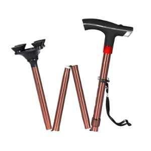 MCP Brown Smart Folding Height Adjustable Four Leg Walking Stick with LED Torch Light & SOS Alarm for Old People