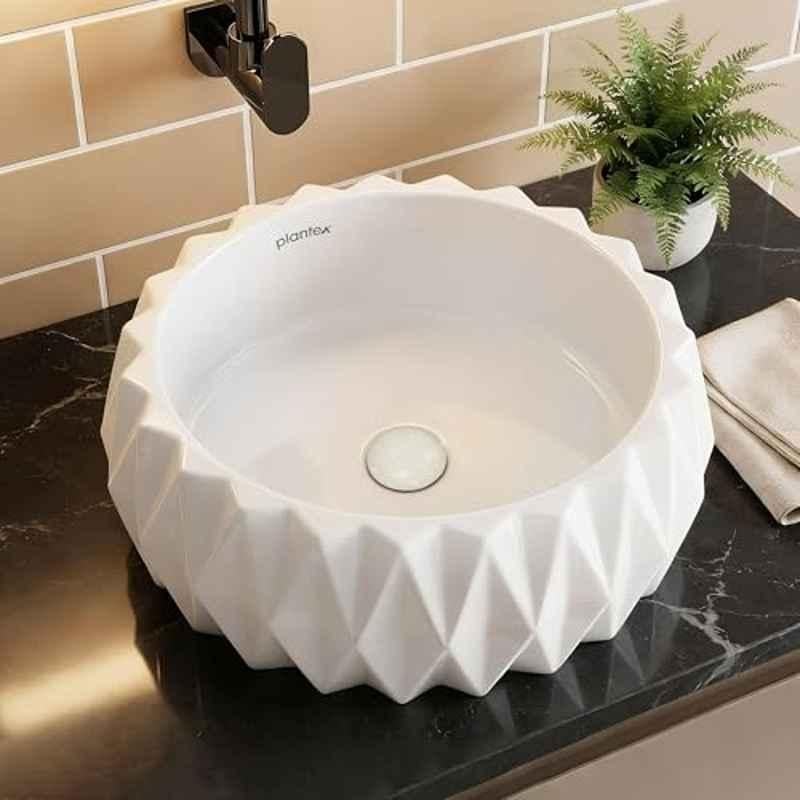Plantex Civik 15x15x6 inch Ceramic White Tabletop Round Wash Basin for Bathroom, APS-756