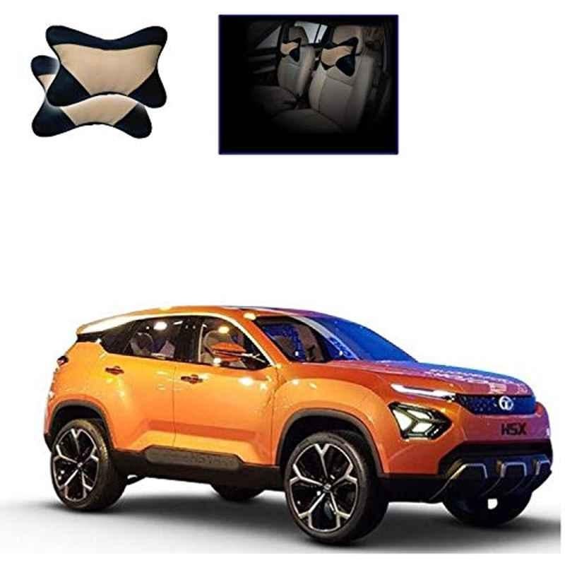 Kozdiko 2 Pcs Memory Foam Beige & Black Car Neck Rest Cushion Pillow Set for Tata Harrier H5X