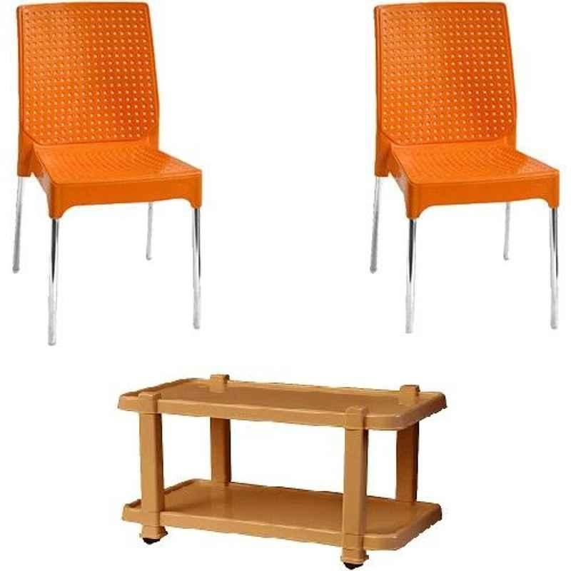Italica 2 Pcs Polypropylene Orange Plasteel without Arm Chair & Marble Beige Table with Wheels Set, 1206-2/9509