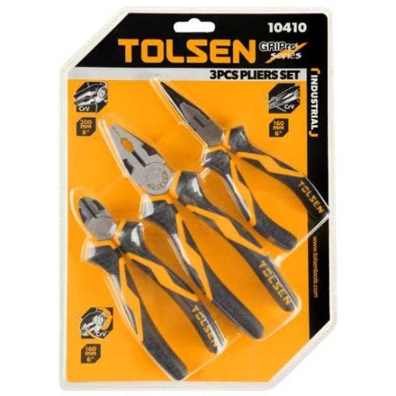 Tolsen 3Pcs Combination Black, Silver & Yellow Industrial Long Nose Plier Set, 10410