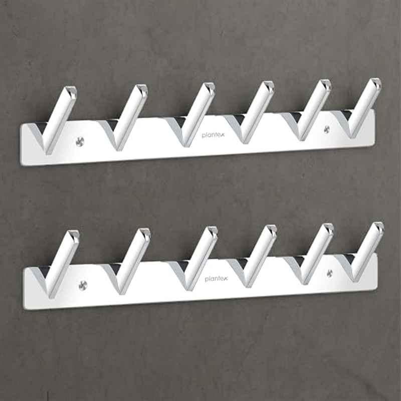 Plantex Wall Hooks for Hanging Cloth/Stainless Steel Towel Hangers/Bathroom Robe Hooks/Door Hangers/Square Wall Hook/Hook Rail for Hanging Keys 6 Hooks (Pack of 2), Chrome