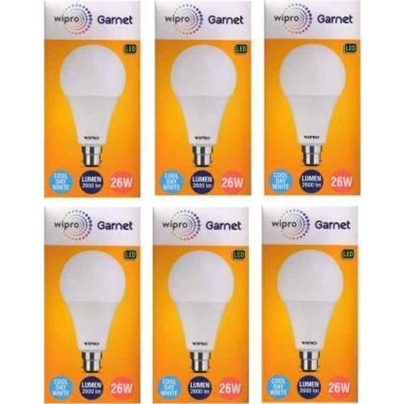 Wipro Garnet 26W Cool Day White Standard B22 LED Bulb, N26001 (Pack of 6)