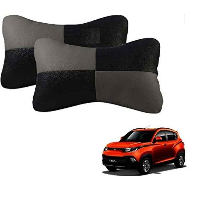 Kozdiko 2 Pcs Leather Grey & Black Neck Rest Car Cushion Pillow Set for Mahindra KUV 100