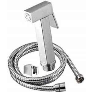 Gold Bell Brass Silver Wall Mounted Chrome Finish Square Health Faucet Gun with 1 m Flexible SS Tube & Wall Hook