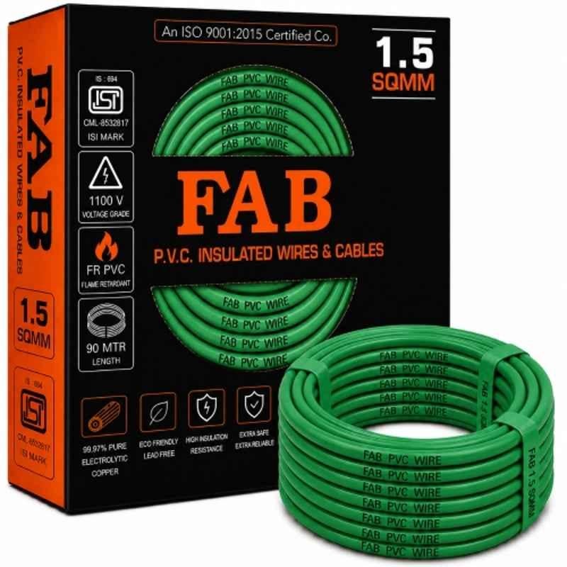 FAB 1.5 Sqmm Single Core Green FR PVC CCS Copper Insulated House Wire, Length: 91 m