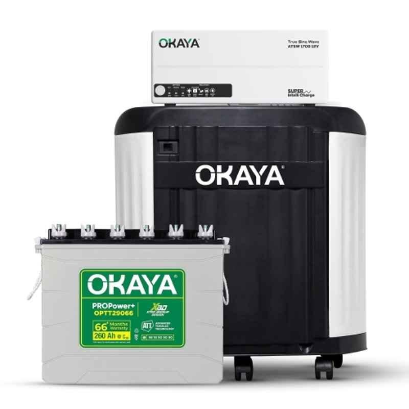 Okaya ATSW 1700 12V 1450VA Pure Sinewave Inverter with PROPower+ OPTT29066 260Ah Battery & Trolley Combo for Home, Office & Shops