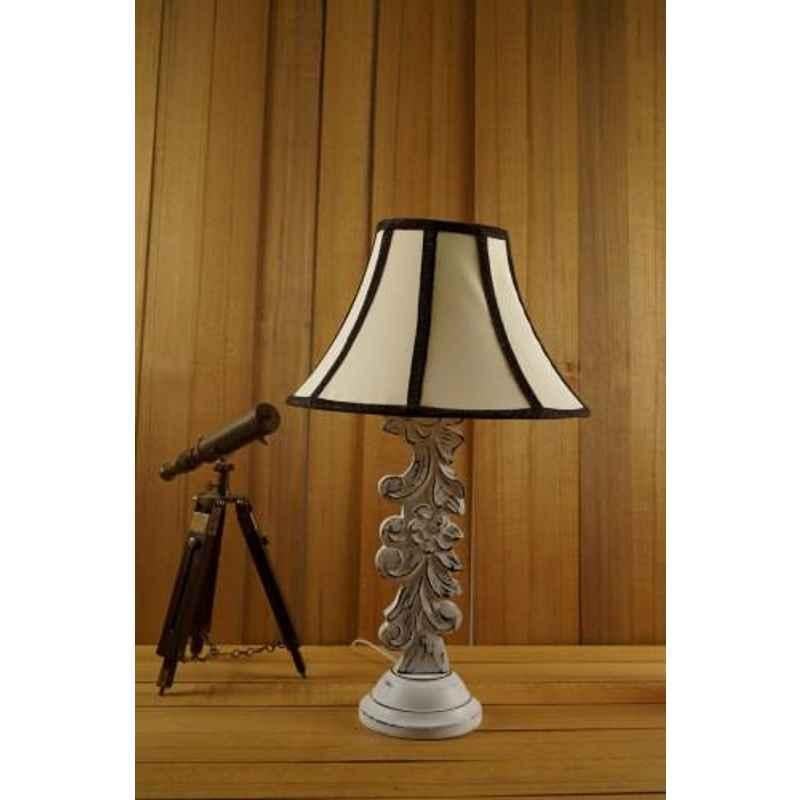 Tucasa Mango Wood Antique White Carving Table Lamp with 12 inch Polycotton Off White Stripe Conical Shade, WL-25