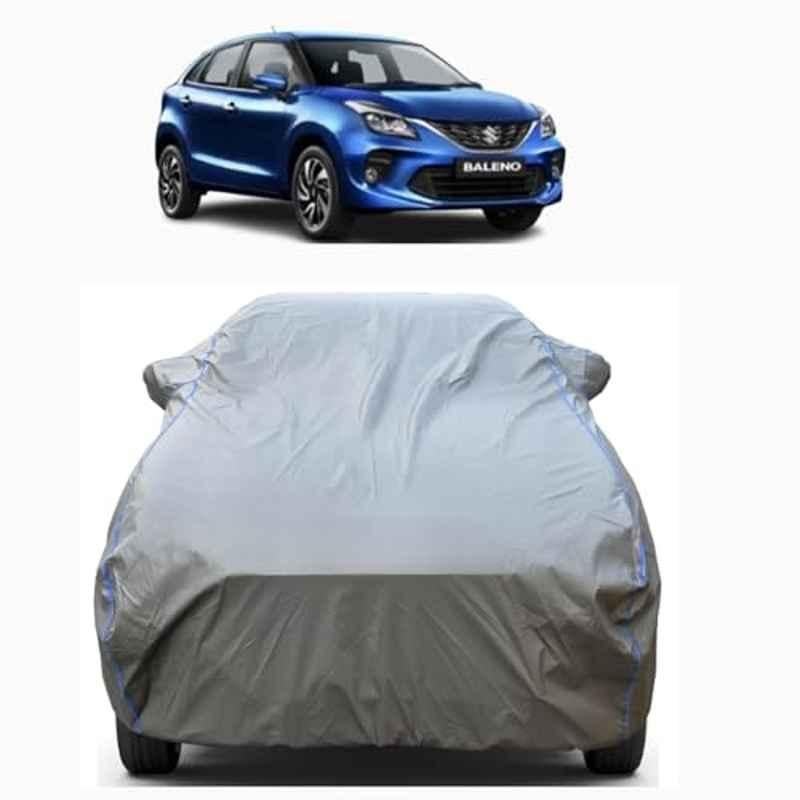 Aarex Auto Polyester Grey 100% Waterproof Car Body Cover with Mirror Pocket, Inner Cotton Triple Stitched & Adjustable Belt Bottom Elastic for Maruti Suzuki Baleno
