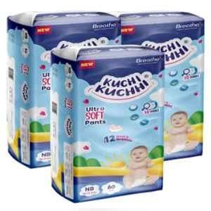 Kuchi Kuchhi 60 Pcs 0-4kg White New Born Ultra Soft Baby Diaper Pant with 3D Bubble Top, KK_NB60X3 (Pack of 3)