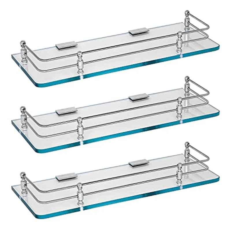 Plantex 12x6 inch Glass Transparent Wall Mount Premium Shelf for Bathroom (Pack of 3)