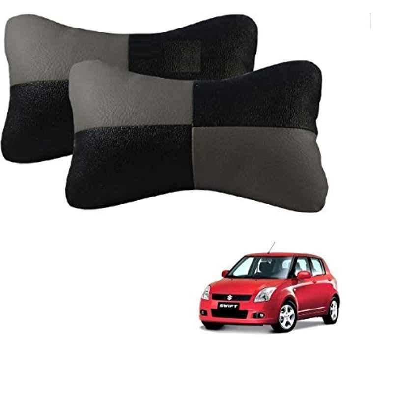 Kozdiko 2 Pcs Leather Grey & Black Neck Rest Car Cushion Pillow Set for Maruti Suzuki Old Swift