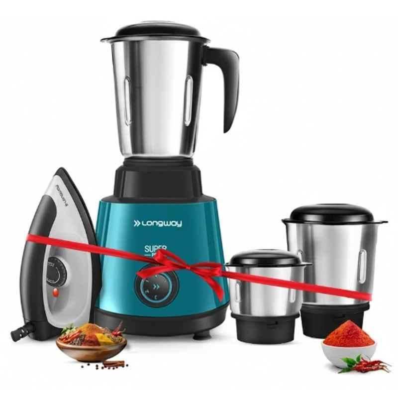 Longway Super Pro 500W ABS Plastic Teal & Black Mixer Grinder with 3 Jars & Kwid 1100W Dry Iron Combo & 2 Years Warranty