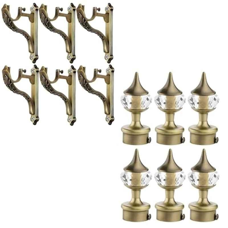 Plantex Heavy Duty Aluminium Diamond Curtain Holder/Curtain Rod Holder/Curtain Brackets with Support 1 inch Rod Pocket Finials Antique Brass (Pack of 3)
