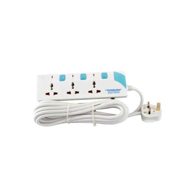 Terminator 3m 3-Way White & Blue Power Board Universal Extension Socket Cable, TPB 613