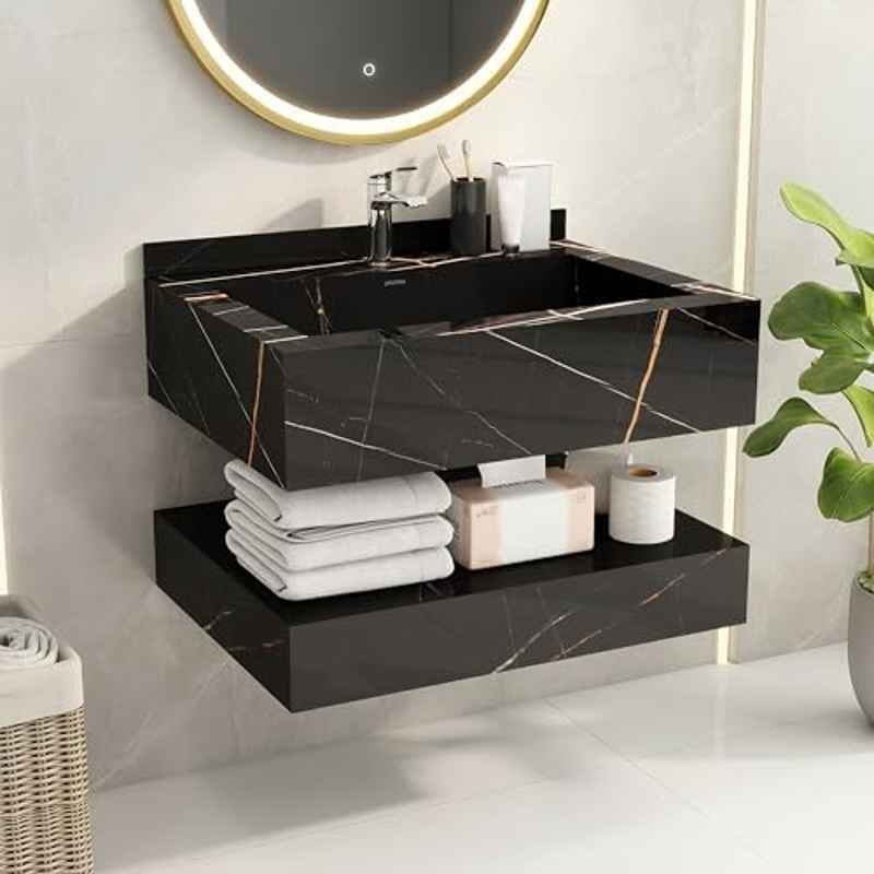 Plantex 60x45cm Marmor Black Wall Mount Cabinet Floating Vanity with Wash Basin & Sink for Bathroom