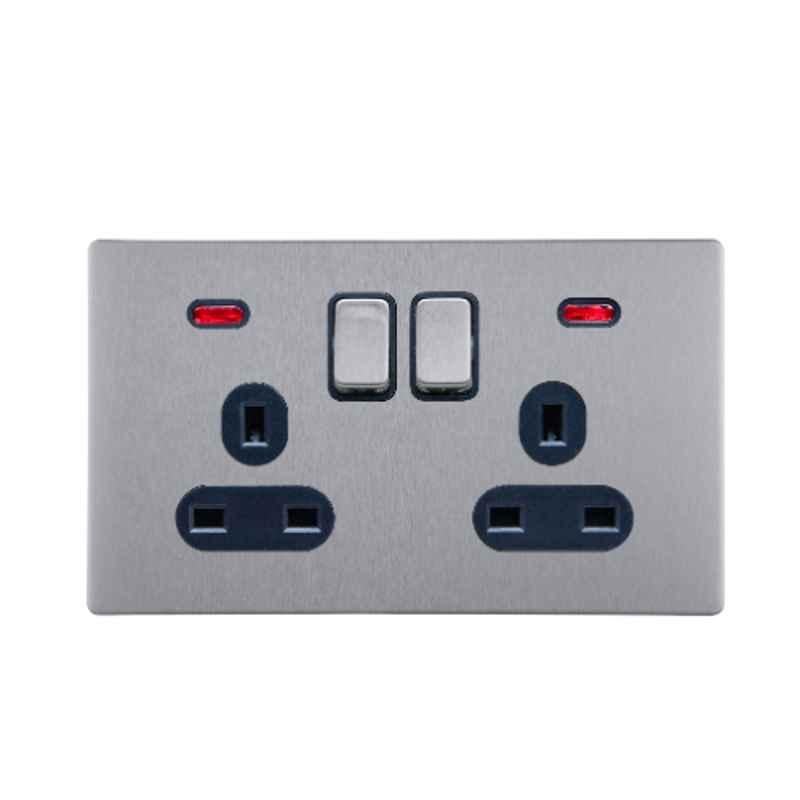 RR Vivan Metallic 13A Brushed Stainless Steel Twin Outlet Switched Socket with Neon & Black Insert, VN6664M-B-BSS