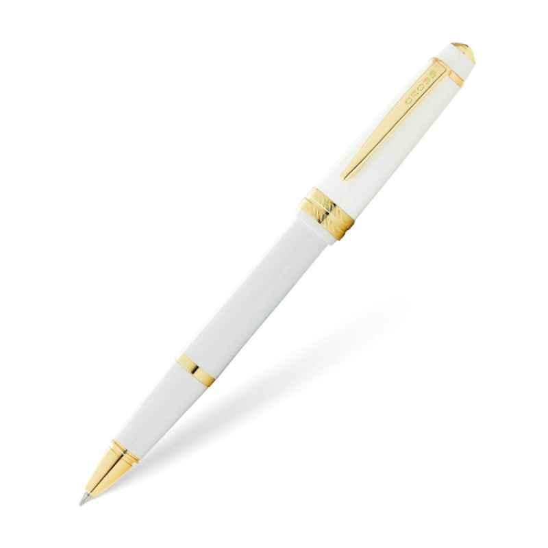 Cross Bailey Black Ink White Resin & Gold Tone Finish Roller Ball Pen with 1 Pc Black Gel Ink Tip Set, AT0745-10