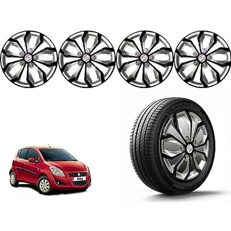 Auto Pearl 4 Pcs 14 inch Polypropylene Black & Silver Press Type Car Wheel Cover Set with Retention Ring for Maruti Suzuki Ritz Type 1 2012-2014, 14WC_Pearl_Rev_RitzType1_2012_14