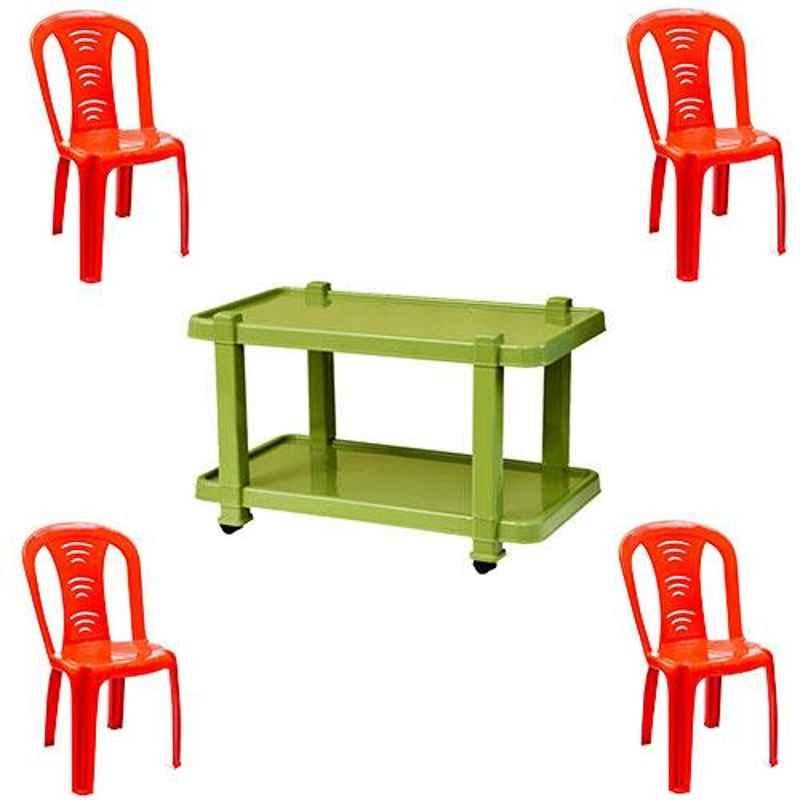 Italica 4 Pcs Polypropylene Red Without Arm Chair & Green Table with Wheels Set, 9306-4/9509