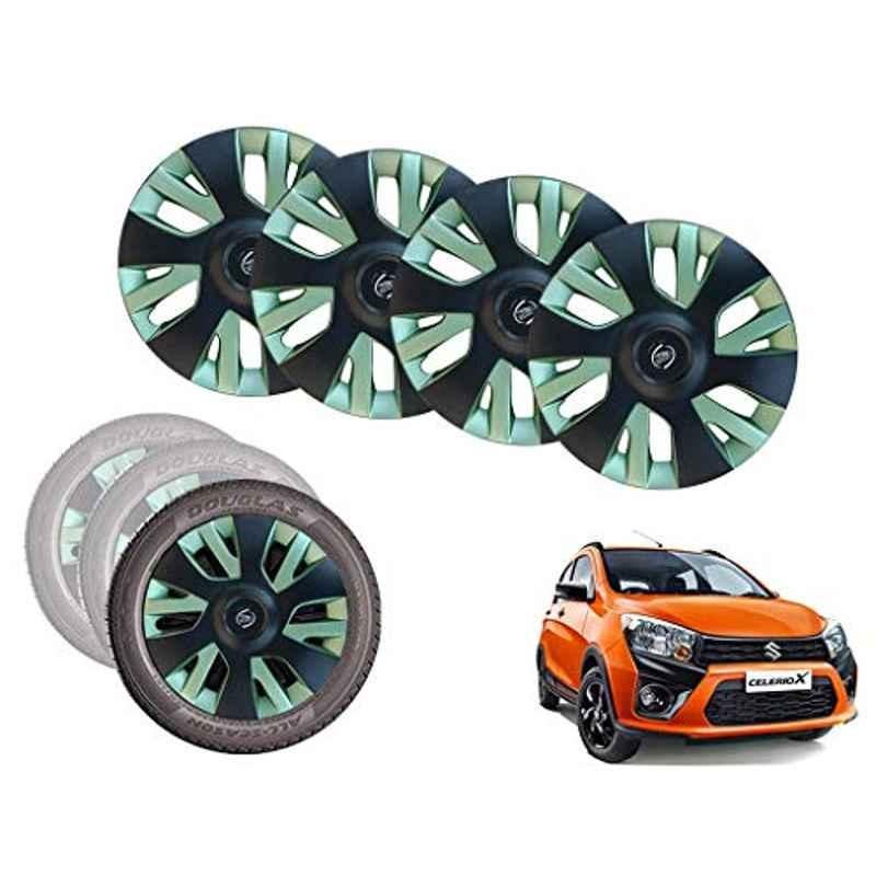 Auto Pearl 14 inch ABS Black & Green Car Hubcap Wheel Cover with Retention Ring Set for Celerio X