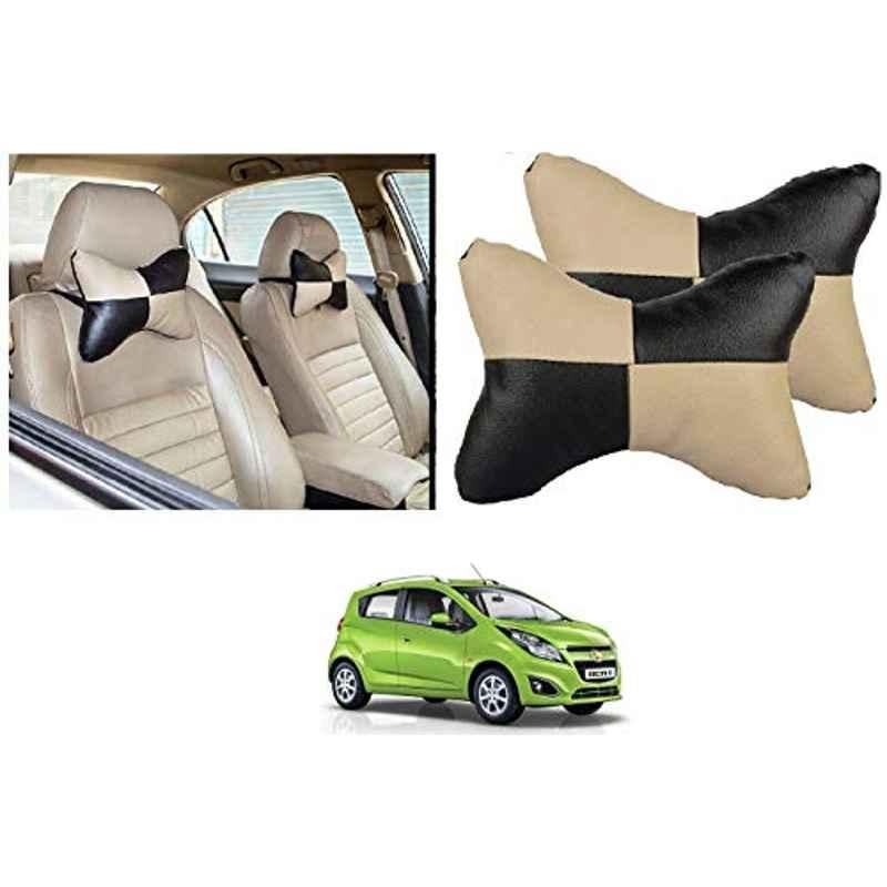 Kozdiko 2 Pcs Black & Beige Car Square Chess Design Neck Rest Seat Pillow Set for Chevrolet Beat