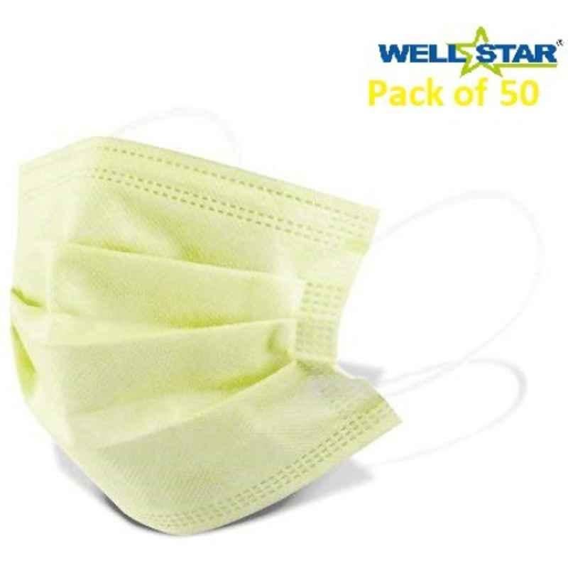 Wellstar 3 Layer Protective Yellow Surgical Face Mask with Nose Clip, COURFUL MASK-09 (Pack of 50)