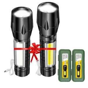 Pick Ur Needs 9W 3-in-1 Black Mini Metal Long Range Rechargeable Torch (Pack of 2)