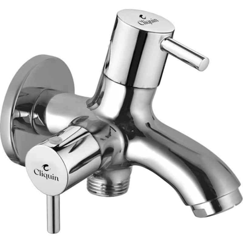 Cliquin Florentine Brass Chrome Wall Mounted 2-Way Bib Cock Tap with Dual Outlet for Bathroom & Kitchen