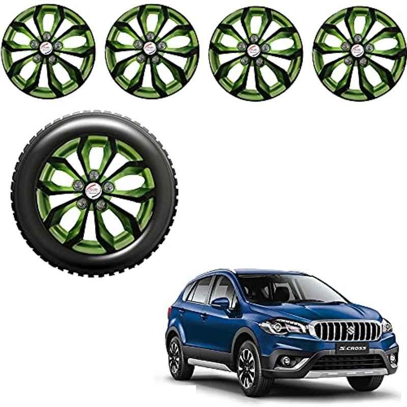 Auto Pearl 4 Pcs 14 inch ABS Black & Green Press Fitting Wheel Cover Set for Maruti Suzuki Scross with Retention Ring