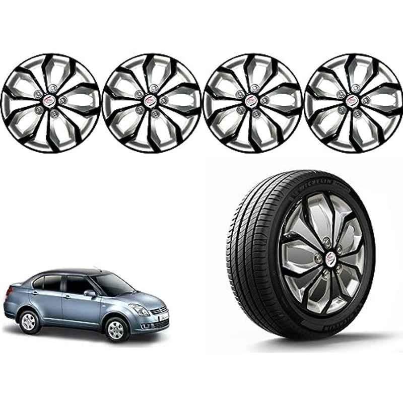 Auto Pearl 4 Pcs 14 inch Polypropylene Black & Silver Press Type Car Wheel Cover Set with Retention Ring for Maruti Suzuki Swift Dzire Type 1 2008-2011, 14WC_Pearl_Rev_DzireType1_2008_11