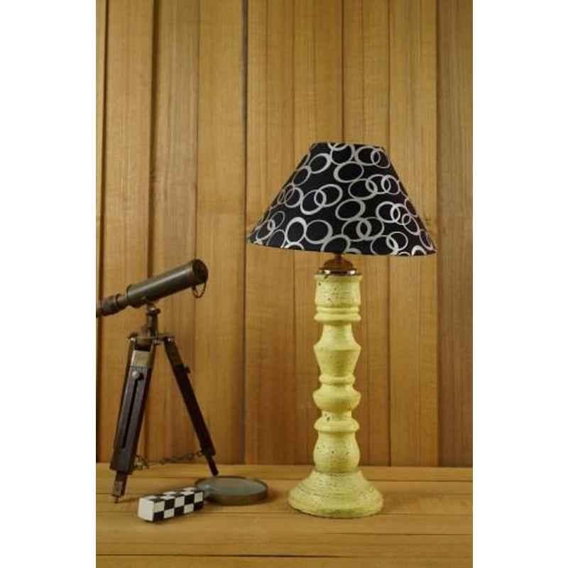 Tucasa Mango Wood Vintage Yellow Table Lamp with 10 inch Polycotton Black Silver Pyramid Shade, WL-259