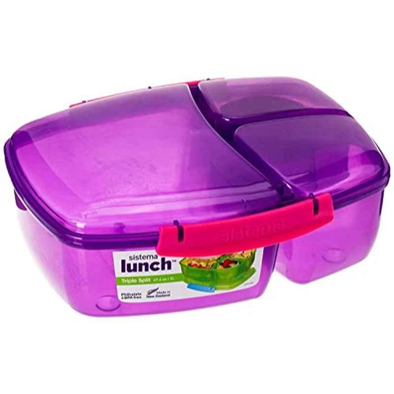 Sistema 2L Plastic Purple Triple Split Lunch Box with Yoghurt Pot, 40920