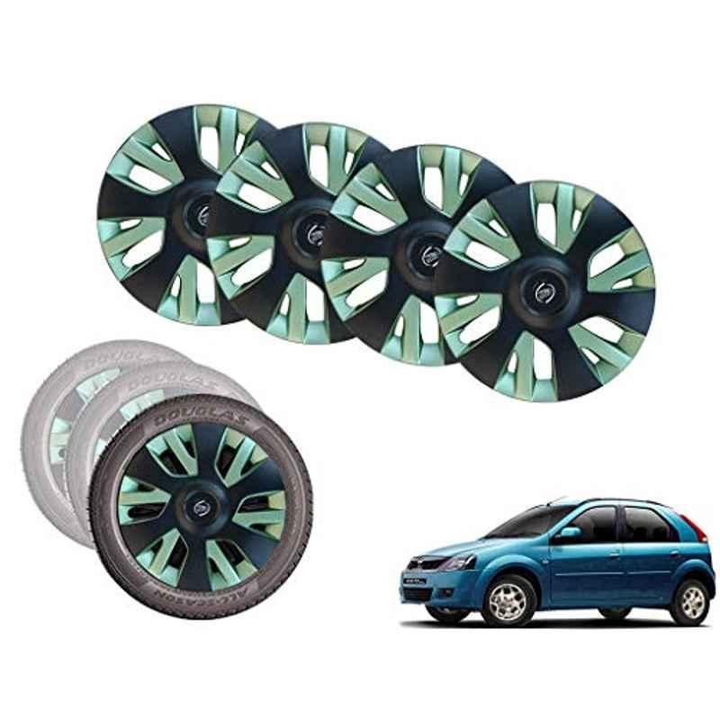 Auto Pearl 14 inch ABS Black & Green Car Hubcap Wheel Cover with Retention Ring Set for Verito Vibe
