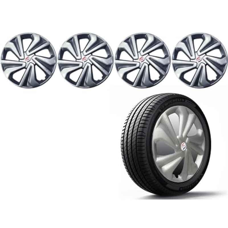 Auto Pearl 4 Pcs 14 inch Polypropylene Silver Press Type Car Wheel Cover Set with Retention Ring for All Cars, 14WC_Tiago_Silver_AllCars
