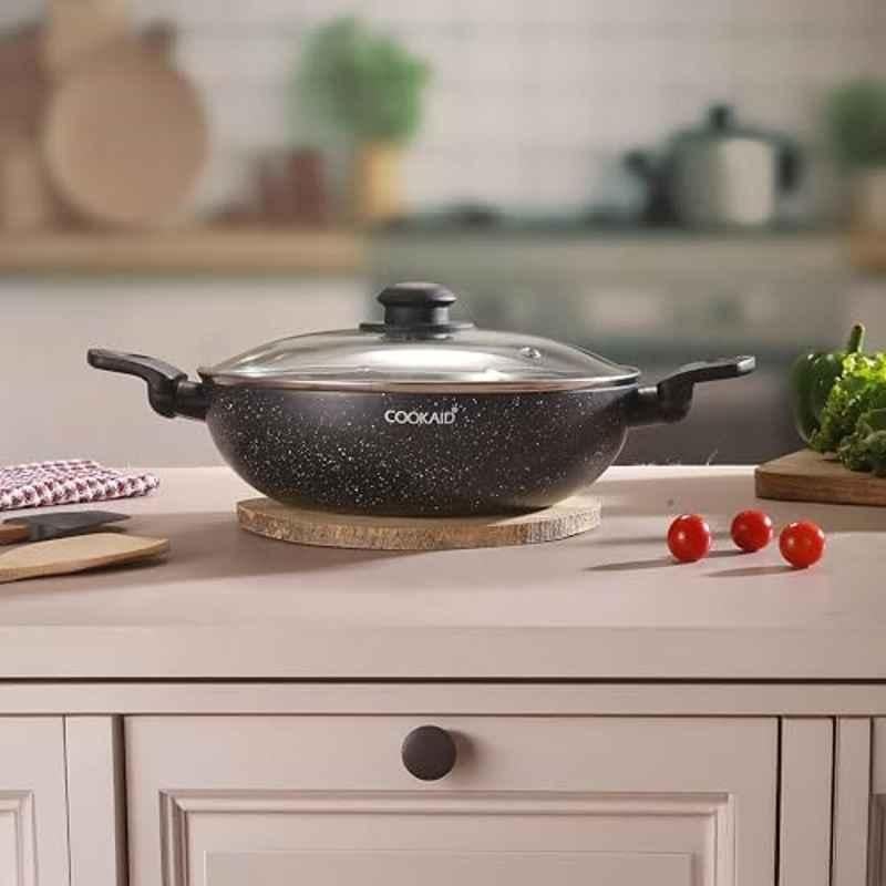 Cookaid Neo Glide 2.5 Litre Aluminium Black Non Stick PTFE Coated Kadhai with Glass Lid, CKD-NS-K24-03