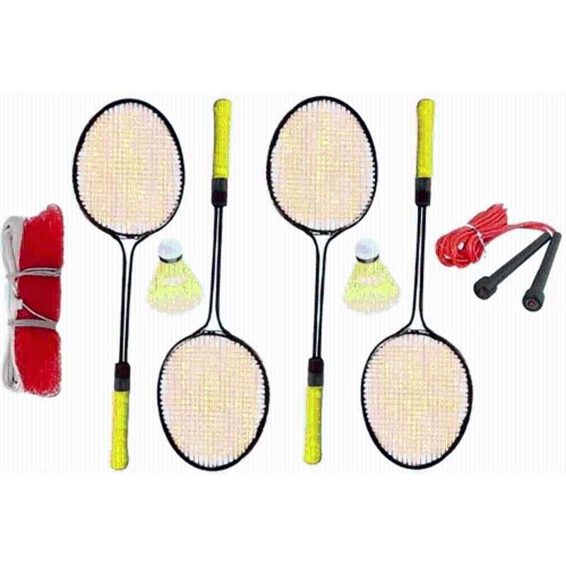 Kickmix Sports 4 Pcs Multicolour Badminton Racket Kit with 2 Pcs Nylon Shuttles, Skipping Rope & Net