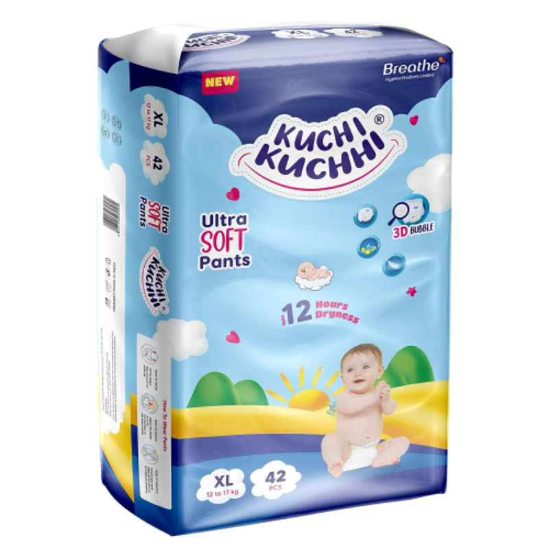 Kuchi Kuchhi 42 Pcs 12-17kg White Extra Large Ultra Soft Baby Diaper Pant with 3D Bubble Top, KKXL42