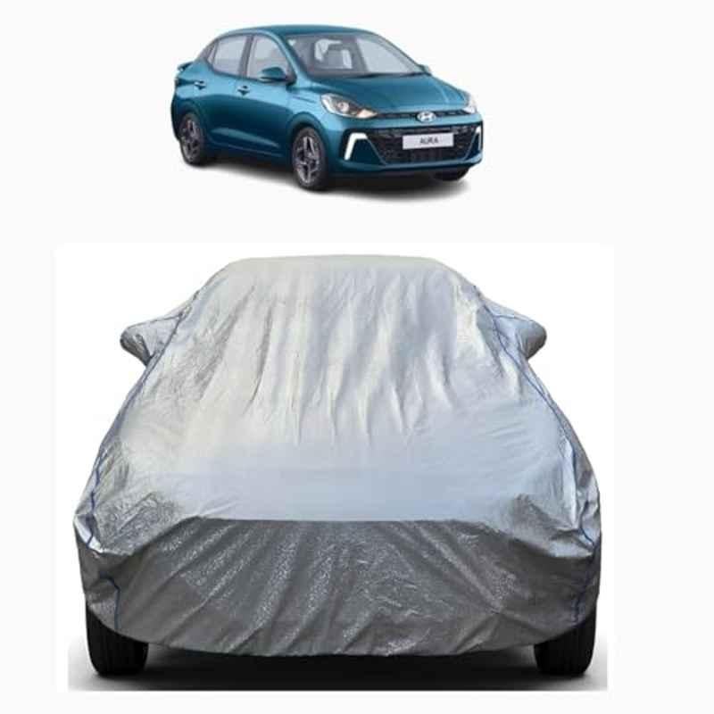 Aarex Auto Polyester Silver 100% Waterproof Car Body Cover with Mirror Pocket, UV Proof, Heat Resistant, Anti Dust & Triple Stitched for Hyundai Aura, DZ-2-Silver
