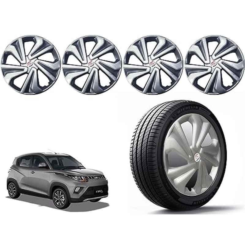Auto Pearl 4 Pcs 14 inch Polypropylene Silver Press Type Car Wheel Cover Set with Retention Ring for Mahindra KUV 100 nxt 2017 Onwards, 14WC_Tiago_Silver_KUV100nxt2017on