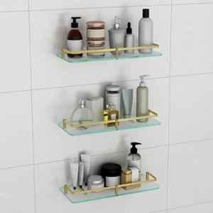 Plantex Frosted Glass Shelf for Bathroom/Shelf with Brass Railings and Brackets/Shelf for Living Room/Bedroom/Kitchen (Pack of 3) 15x6 inch, Antique Brass
