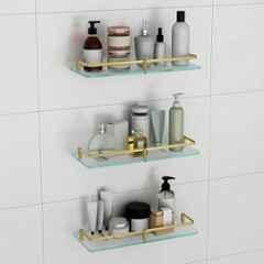 Plantex Frosted Glass Shelf for Bathroom/Shelf with Brass Railings and Brackets/Shelf for Living Room/Bedroom/Kitchen (Pack of 3) 15x6 inch, Antique Brass