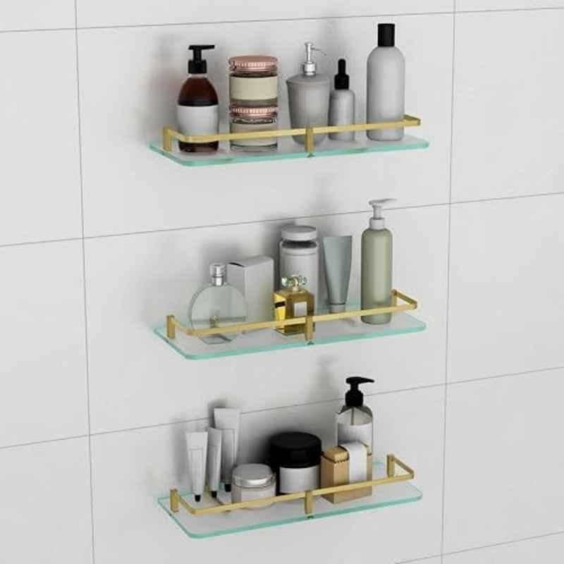 Plantex Frosted Glass Shelf for Bathroom/Shelf with Brass Railings and Brackets/Shelf for Living Room/Bedroom/Kitchen (Pack of 3) 15x6 inch, Antique Brass
