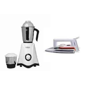 Pringle Crown 500W ABS Black & White Mixer Grinder with 2 Jar & DI-1101 750W Lightweight Dry Iron Combo