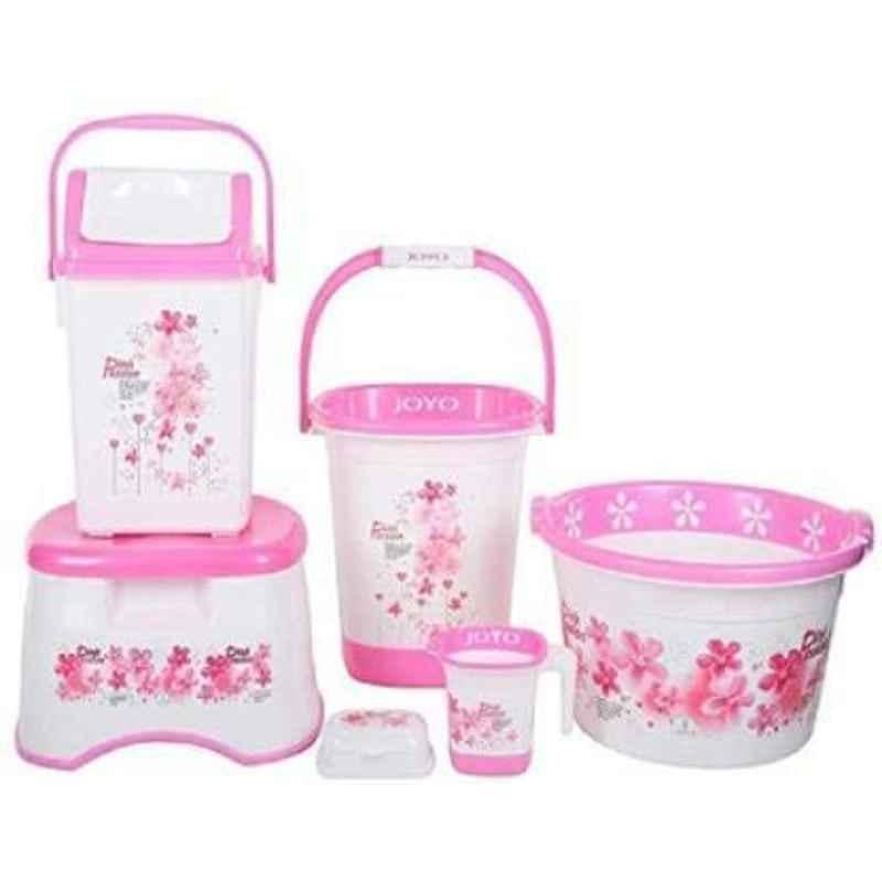 Joyo Super Deluxe 6 Pcs Plastic Pink Square Bucket, Dustbin, Bath Tub, Super Bath Small Patla, Mug & Soap Case Set with Free Lasaani Water Bottle